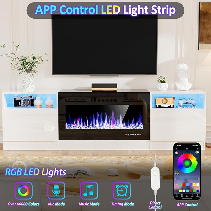AHB Fireplace TV Stand 80 Inch LED Light Entertainment Center with 36 Electric Fireplace and Storage Cabinet Media Console Table for TVs Up to 90 Inches Ideal for Living Room