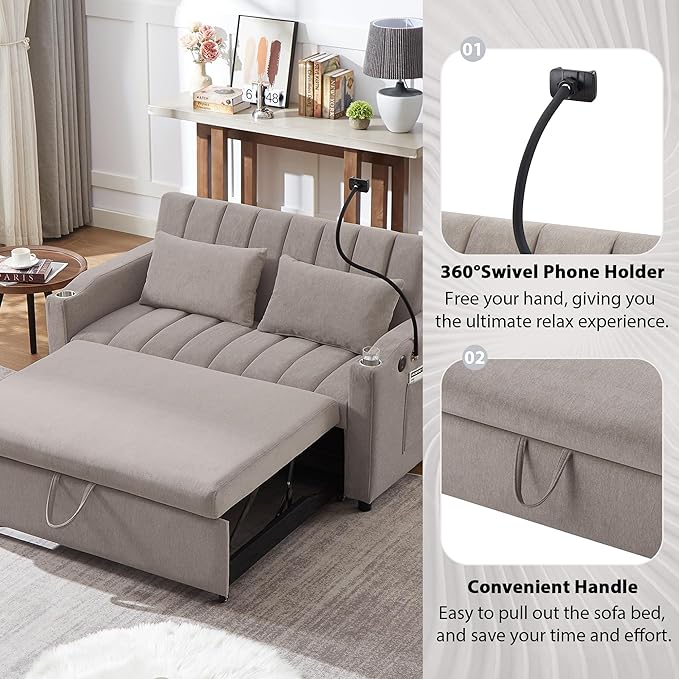Pull Out Sofa Bed 55.9 Convertible Sofa Bed with 360°Swivel Phone Holderm Two Side Pockets Two Cup Holders 3 Level Adjustable Backrest Bella Fabric Loveseat Sofa (Light Grey * Loveseat90)