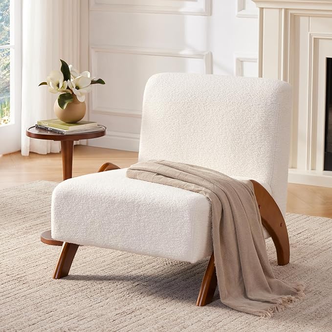 Oversized Accent Chair Set of 2 upholstered armless mid Century Modern Living Room Chair with Wooden Legs for Bedroom/Office/Cafe Sherpa Cream