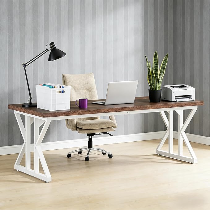 78 Inch Two Person Office Desk Extra Long Double Computer Desk Executive Office Desk Modern Writing Study Table Workstation for Home Office White Brown