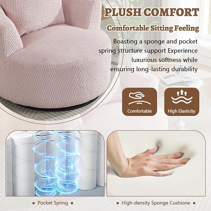39.4 Wide Swivel Accent Chair Modern 360° Rotating Barrel Chair with Metal Base Club Single Sofa Chenille Armchair for Living Room Bedroom Reading Room Office (Pink)