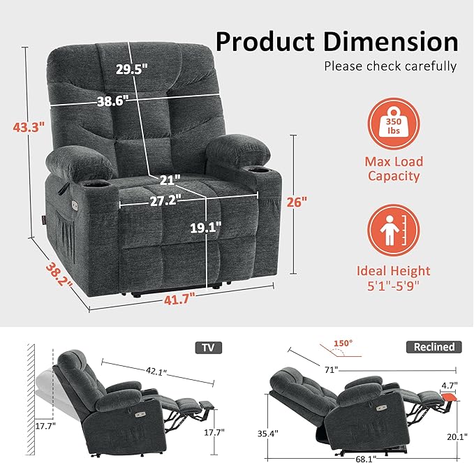 MCombo Oversized Power Lift Recliner Chair with Extended Footrest Extra Wide for Big and Tall Elderly People Fabric R7289 (Dark Gray Medium-Oversize)
