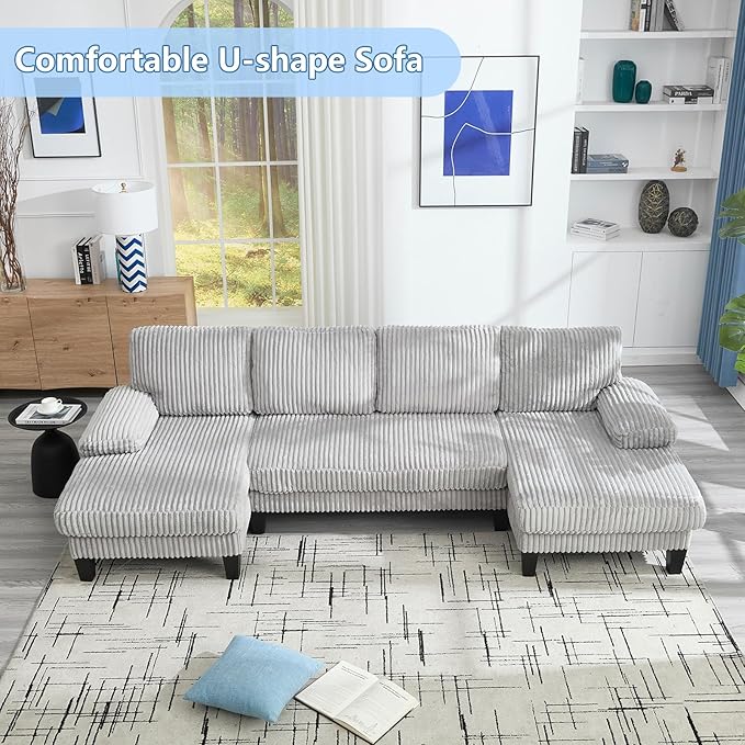 114 Sectional Couches for Living Room Corduroy Deep Seat Cloud Couch Double Chaise U Shaped Sofa Light Gray