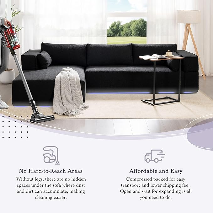 112 Modular Cloud Couch Sectional with Side TableBoneless Couch with Boucle FabricCompressed Foam Sectional Sofa with Left Facing ChaiseL-Shaped Sofa for Living RoomNo Assembly RequiredBlack