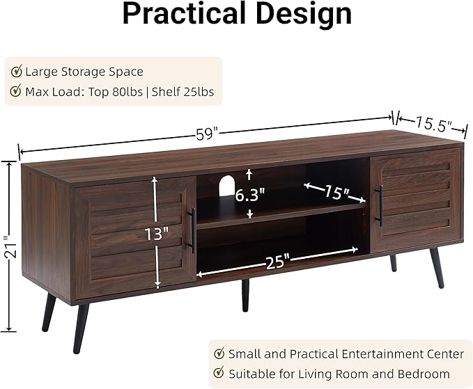 EDYO LIVING Mid Century Modern TV Stand for 65 TV Wood TV Stand with Storage Cabinet and Open Shelf Entertainment Center TV Console Table for Living Room Dark Walnut