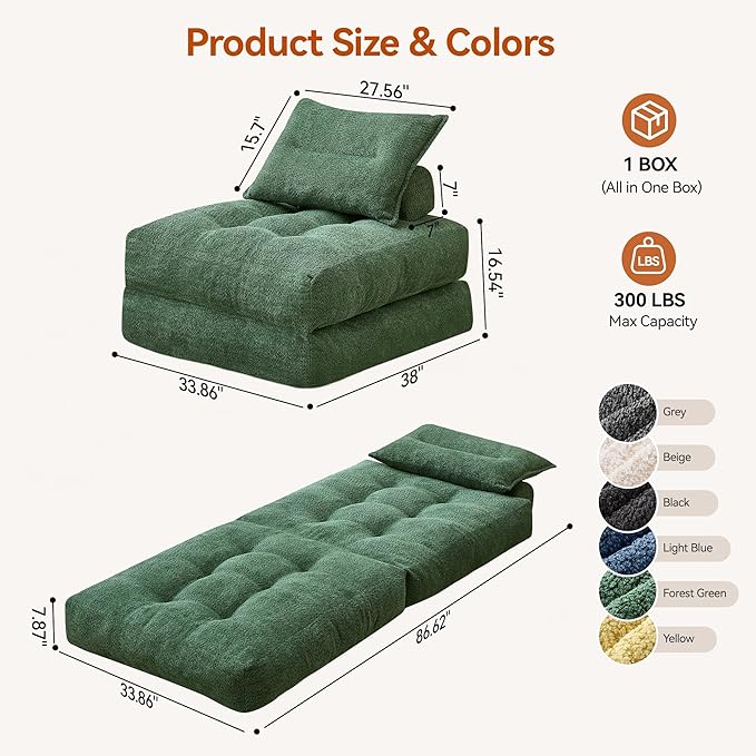 Folding Sofa Bed Fold Out Chair Bed with Pillow Convertible Sleeper Chair for Living Room/Small Spaces Foldable Lazy Sofa Bed Floor Chair Comfy Teddy Velvet Couch Bed Forest Green
