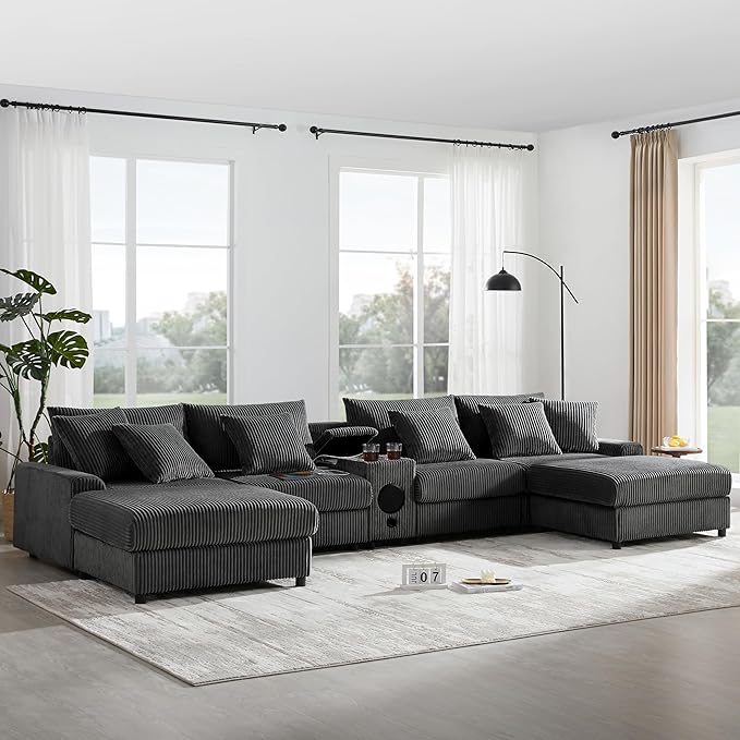 Sectional Sofa Corduroy Cloud Sofa with Bluetooth Speakers L-Shaped Couch with Console USB Charger Cup Holders Storage 6 Seats Deep and Wide Seat Couch for Living Room (Dark Grey)