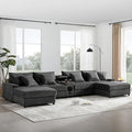 Sectional Sofa Corduroy Cloud Sofa with Bluetooth Speakers L-Shaped Couch with Console USB Charger Cup Holders Storage 6 Seats Deep and Wide Seat Couch for Living Room (Dark Grey)