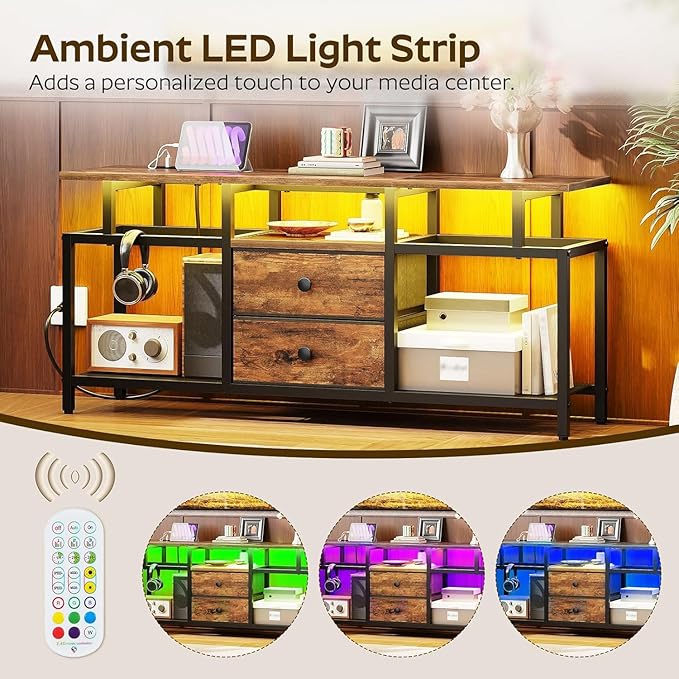 TV Stand with LED Light and Power Outlets Entertainment Center with Fabric Drawers and Open Shelves 41.7 TV Cabinet for TVs up to 45 Inch Media Console for Living Room Brown DS03UDBR