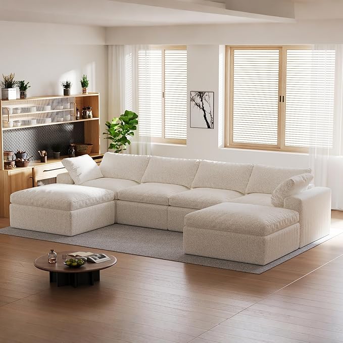 140’’ Oversized Boneless Couch for Living Room Cloud Couch Modular Sectional Free Combination with Ottoman Washable Cushion Cover No Assembly Required White (4-Seat + 2 Ottoman)