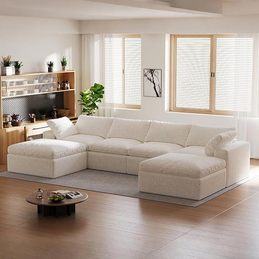 140’’ Oversized Boneless Couch for Living Room Cloud Couch Modular Sectional Free Combination with Ottoman Washable Cushion Cover No Assembly Required White (4-Seat + 2 Ottoman)