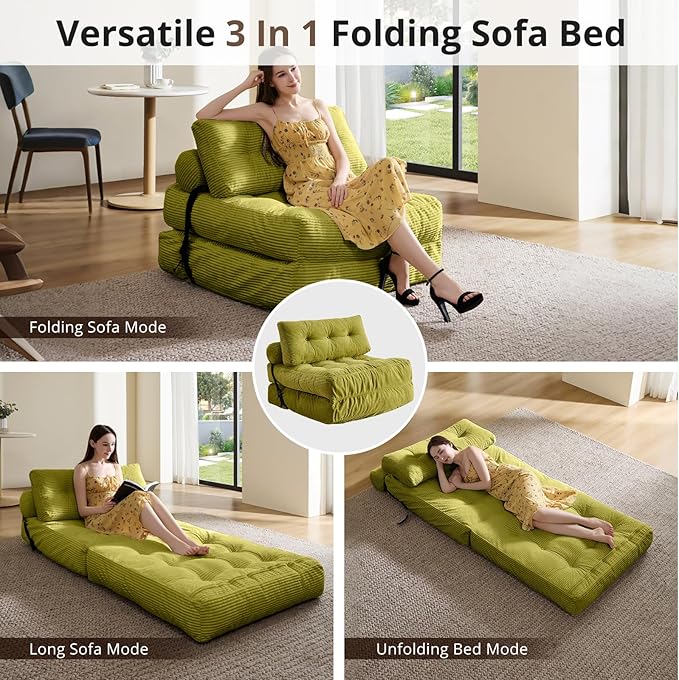 Folding Sofa Bed Convertible Sleeper Chair with Pillow Foldable Mattress with Back Support Portable Floor Sofa Lounge for Living Room Bedroom Dorm(Green Single)