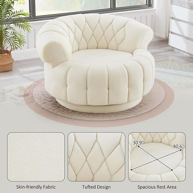 Luxury Swivel Accent Chair Oversized 31 Round Cuddle Chair with 360° Smooth Rotation Modern Channel Tufted Back Thick Padding for Living Room Bedroom Easy Assembly - Sand Beige