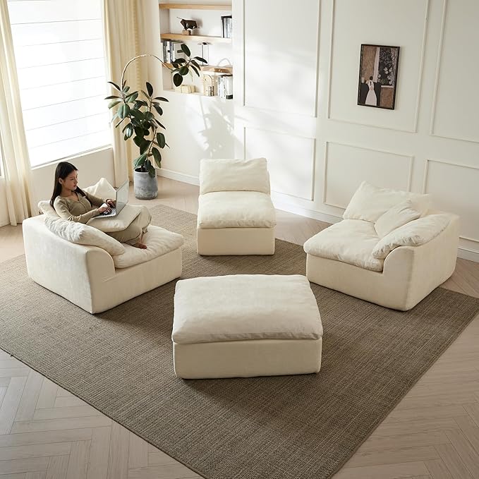 109 Modular Cloud Couches for Living Room Boneless Couch Deep Seat Convertible L-Shape with Ottoman Oversized Comfy 3-Seater Couch Chenille Fabric Compressed Sofa Modern Sectional SofaCreamy White