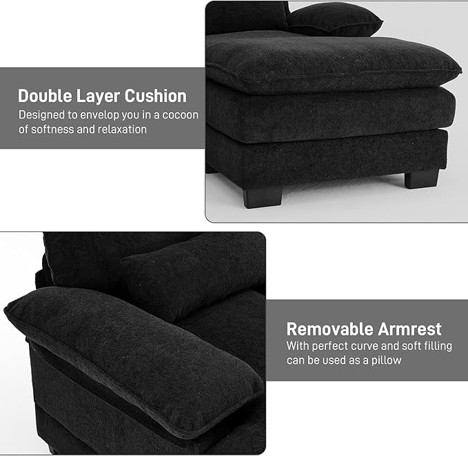 114 U Shaped Cloud Couch Sectional Modular Sofa Sectional Couches for Living Room Modern Comfy Chenille Modular L Shaped Sofa Set with Chaise Lounge Ottoman Black