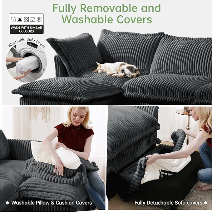Modular Accent Armchair with Ottoman and Pillows Soft Corduroy Lounge Chair for Living Room Bedroom or Reading Nook – Oversized Chaise Lounge Design (Grey Chair+Ottoman)