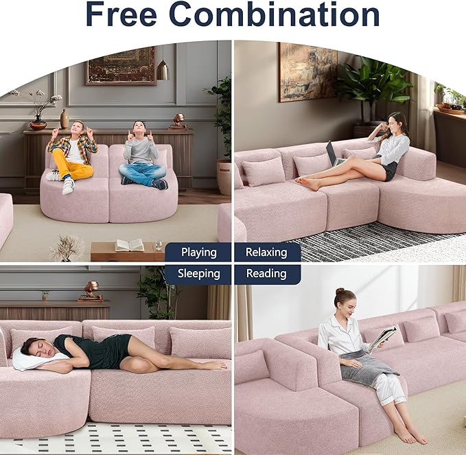 144 Oversized Sectional Couches for Living Room Modern Luxury Chenille 5-Seater Sofa Deep Seat Curved Cloud Couch Modular Sofa with Chaise Lounges &amp 5 Pillows No Assembly Required (Pink)