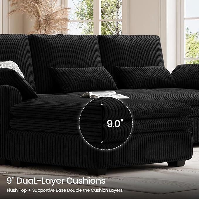 Belffin Large Modular Sectional Sofa with Deep Chaise 104 Corduroy L Shaped Couch with 9 Soft Dual-Layer Seats Cushion for Living Room Apartment Black
