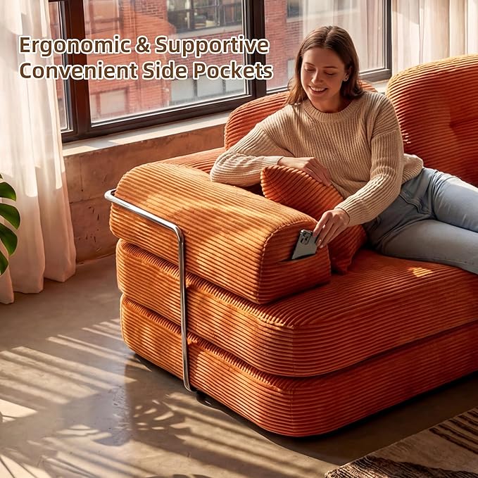 Convertible Modular Sofa Bed with Large Backrest Support &amp Storage Pockets Modern Corduroy Floor Couch for Small Apartment &amp Limited Space Ergonomically Designed Furniture (Orange 82'')