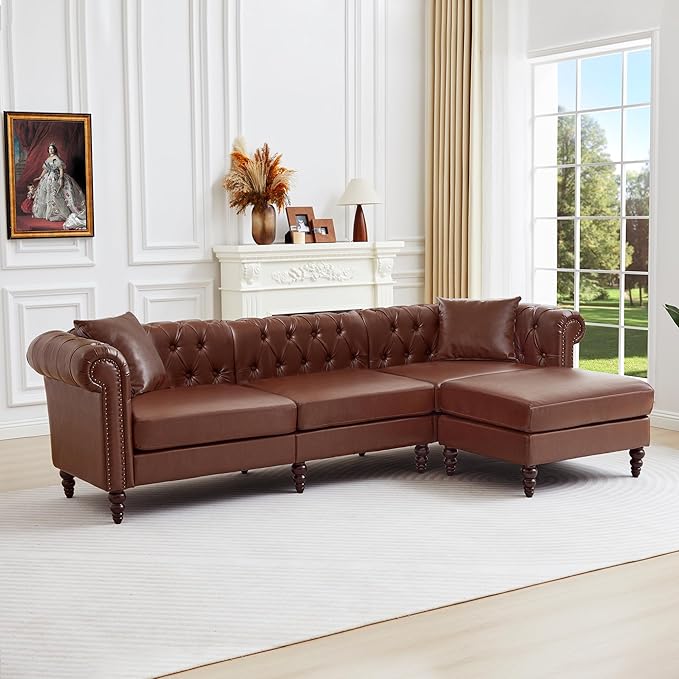 AVZEAR Chesterfield L Shaped Sofa Modular Sectional Leather Couch with Ottoman and Pillow Modern Sofa Bed PU Deep Seat Sofas Living Room Furniture Sets for Living Room Bedroom and Apartment Brown