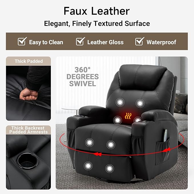 Recliner Chair Rocking Chair with Massage and Heat 360° Swivel Recliner Chairs for Adults Rocker Manual Recliner with Remote Control and Cup Holder for Living Room Bedroom Nursery