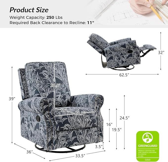 HULALA Home Modern Rocker Recliner Printed Fabric Swivel Glider with Adjustable Backrest &amp Footrest Navy