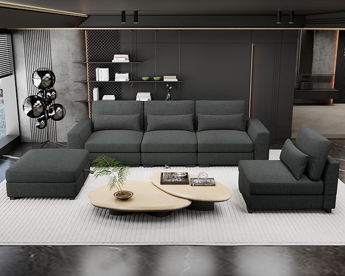 Sectional Couches for Living Room - Large Modular 5 Seat Sectional Couch-Velvet Linen with Storage Deep Seat Sofa-Convertible Sofa for Large Living Rooms-with ChaiseWashable Covers-Dark Gray