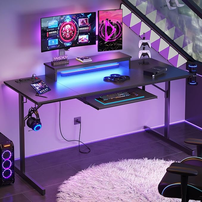 Bestier 63 Inch Gaming Desk with Power Outlets &amp LED Lights Large Computer Desk with Monitor Stand &amp Keyboard Tray Home Office Table with Cup Holder &amp Headset Hook Carbon Fiber Black