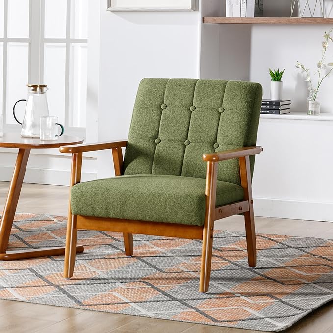 Modern Accent Chair Mid-Century Linen Armchair with Solid Wood Armrests Button-Tufted Comfortable Cushioned Reading Chairs for Living Room Bedroom (Green