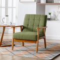 Modern Accent Chair Mid-Century Linen Armchair with Solid Wood Armrests Button-Tufted Comfortable Cushioned Reading Chairs for Living Room Bedroom (Green