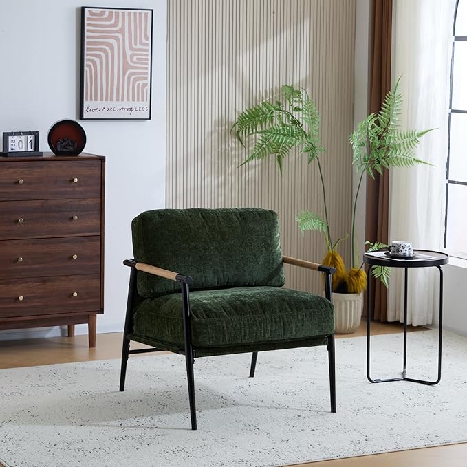 Modern Accent Chair Lounge Arm Chair Upholstered Armchair with Plush Cushions Single Chairs with Metal FrameWooden Armrest - Perfect for OfficeLiving RoomBedroomGreen