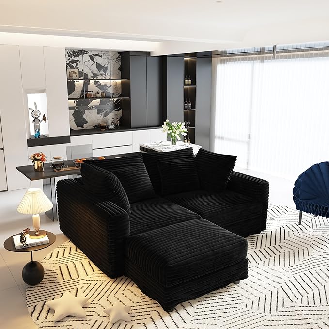 102.4'' Oversized Corduroy Couch Modular Sectional Sofa with Ottoman Upholstered 4 Deep Seat L Shape Sofa Convertible Cloud Couches with Chaise Lounge for Living Room Apartment Black