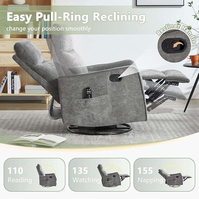 cinkehome Heated Massage Swivel Rocker Recliner Chair for Nursery - Small Space Reclining Chair with Lumbar Support 360° Swivel &amp Gentle Rocking Ergonomic High Back Chenille Fabric Gray