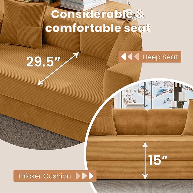 Belhome 78.8 Convertible Sofa Bed Futon Sofa Bed with Side Pocket Corduroy Pull Out Futon Sofa Boneless Couch for Living RoomsNo Assembly Required Yellow