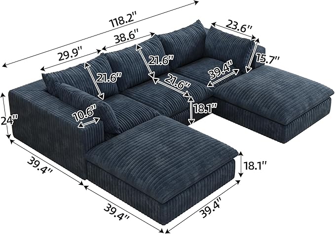 Cloud Compressed Modular Sectional Sofa with 2 Ottomans - Modern U Shaped Boneless Couch with Deep Seat Upholstered Sectional Couches for Living Room No Assembly Required | Plush Wider Armrest Dow