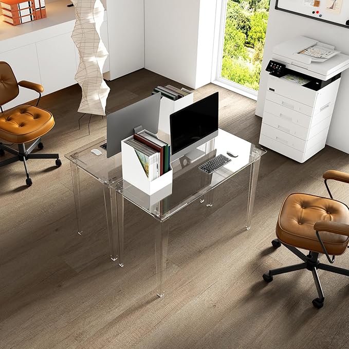HMYHUM Acrylic Computer Desk 43.3 Inch Clear Study Desk for Home Office Writing Vanity Modern Easy Assembly 19.7 W x 29.5 H Right-Angle Legs Design