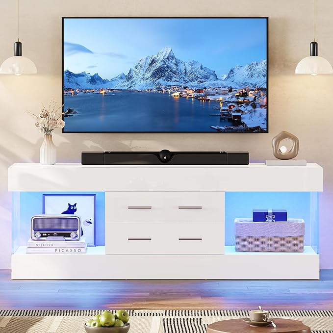 Bestier Modern 60 Inch TV Stand for 65/60/55+ TV High Gloss White Entertainment Center with 2 Drawers &amp LED Lights Stone-Pattern Side Panels TV Consoles for Living Room Bedroom