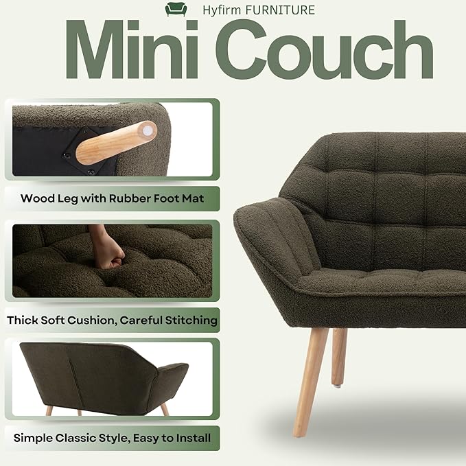 Small Loveseat Sofa 48 inch Sherpa Love Seat for Living Room Comfy Mini Couch with Wood Legs for Small Spaces Bedroom Apartment Office Dark Green