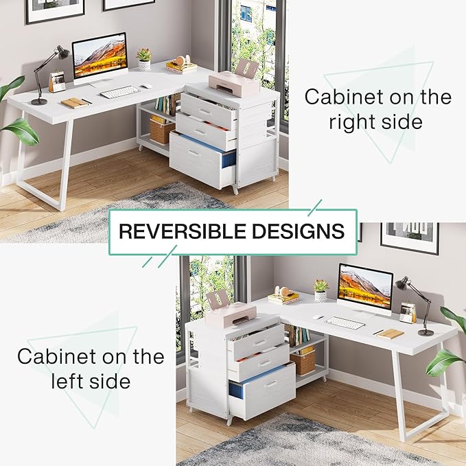 Tribesigns L-Shaped Computer Desk with 3 Drawers Reversible Corner Home Office Desk with Shelves 53-Inch Industrial PC Desk Study Writing Table Workstation for Small Space White