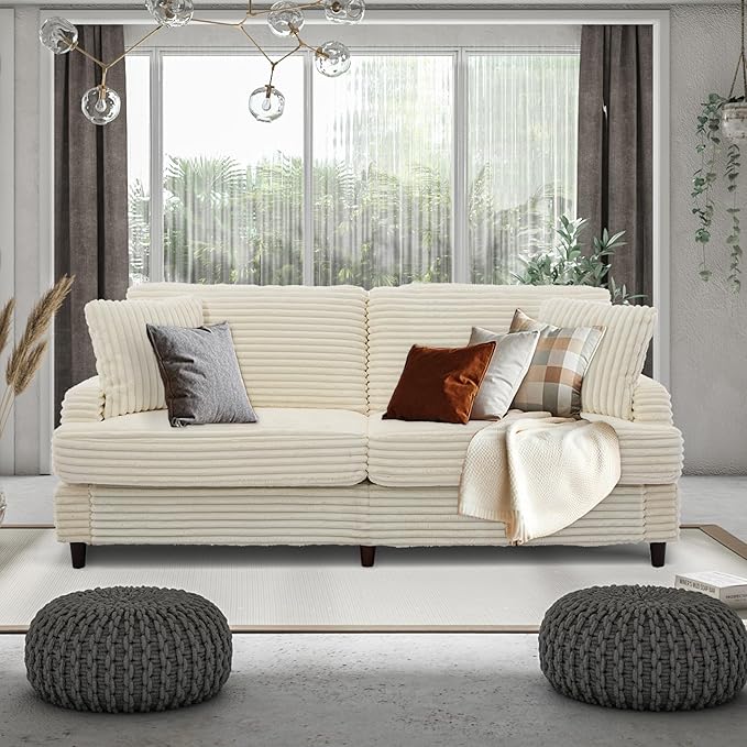 80 Inch Sofa Couch Comfy Love Seat Couches for Living Room Mid Century Modern Oversized Two Seater Couch Plush Corduroy Deep Seat Sofas for Bedroom Small Space Apartment Beige