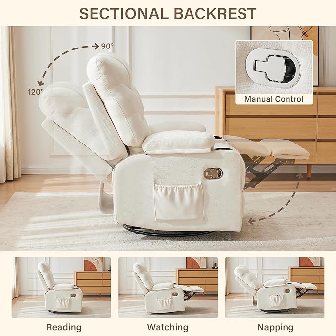 360°Swivel Rocker Recliner ChairRocking Recliner Chair with Adjustable Backrest for AdultsUpholstered Fabric Rocking Chair Swivel for BedroomLiving RoomWhite