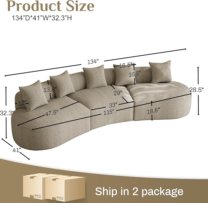 134 Oversized Sectional Sofa for Living Room Modern Luxury Plush Chenille 4-Seater Extra Deep &amp Wide Seat Curved Cloud Couch with 5 Throw Pillows No Assembly Needed Light Brown
