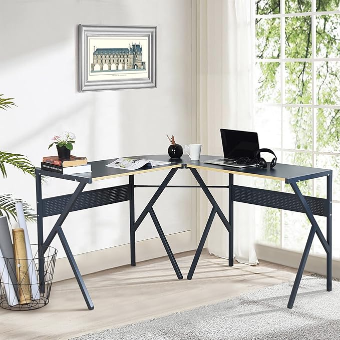 L Shaped Desk Corner Computer Desk Space Saving Multifunctional Home Office Desk Writing Workstation Study Desk with Round Corner (Dark Grey)