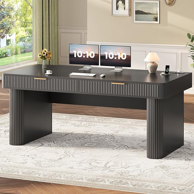 SEDETA Office Desk with 2 Drawers 59 Fluted Computer Desk with Storage and Power Strip Wood Executive Desk Writing Desk for Home Office Living Room Bedroom Black