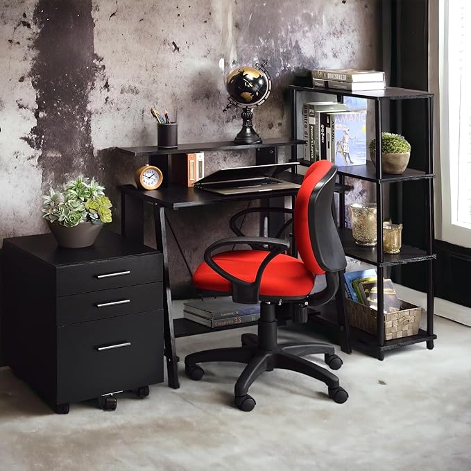 Black Rectangular Writing Desk with Upper Shelf - Storage Desk for Study Office &amp Home