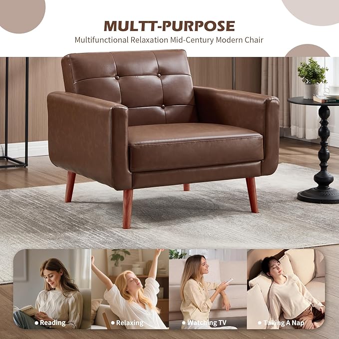 CANMOV 29 W Oversized Leather Accent Chair Set of 2 Mid Century Modern Accent Chairs Armchair Button Back for Living Room Modern Upholstered Bedroom Chair Cozy Armchair with Wood Legs Brown