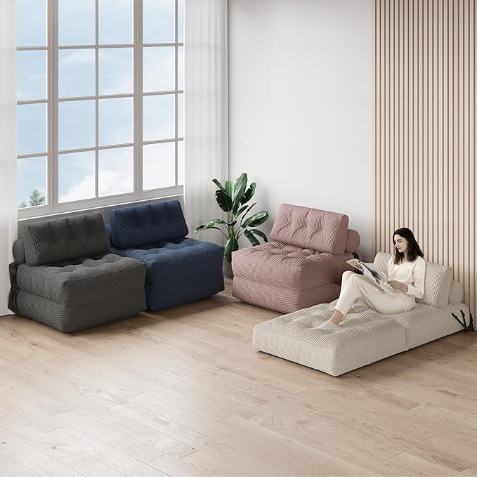 Folding Sofa Bed Convertible Foam Couch Bed Comfy Foldable Mattress Sleeper Chair with Pillow Small Floor Sofa Lounge for Living Room Bedroom Apartment Small Space Beige