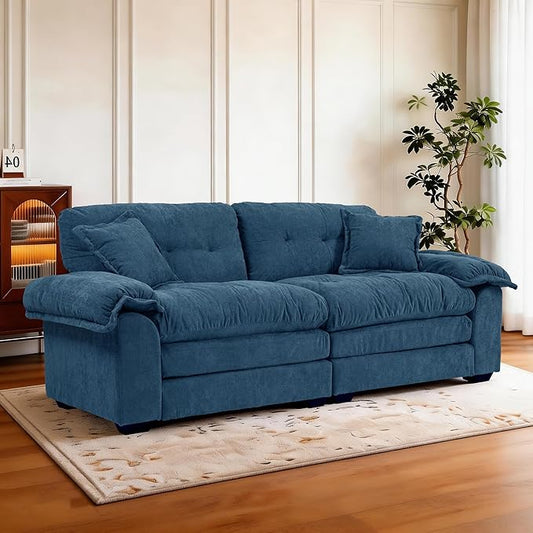 Modern 84 Chenille Loveseat Sofa Ultra-Comfy Upholstered Couch with 2 Pillows for Apartment Living Room Bedroom or Home Office (Blue)