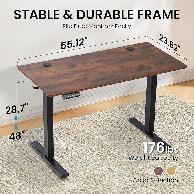 Hexago Electric Adjustable Height Standing Desk - 55 x 24 inch Sit to Stand Up Desk with Splice Board Rising Home Office Computer Table with 2 Hook and Wire Hole for Work -Rustic Brown