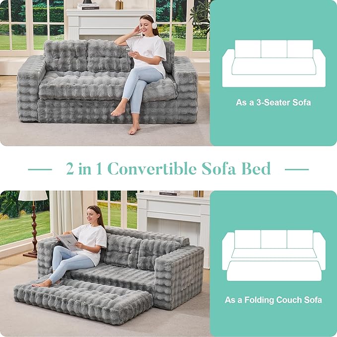 Hobestluk 3-Seater Sofa Boneless Couch with Tufted Button Design 2 in 1 Comfy Cloud Couch Oversized Sofa for Living Room Bedroom Apartment or Office (Grey 3 Seater)